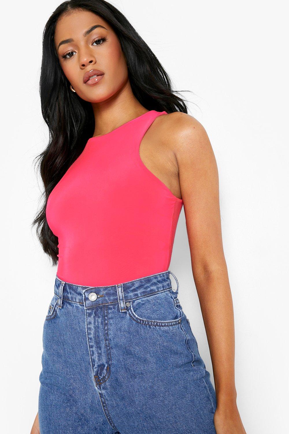 Buy Boohoo Double Layer Slinky Racer Neck Bodysuit Top In White