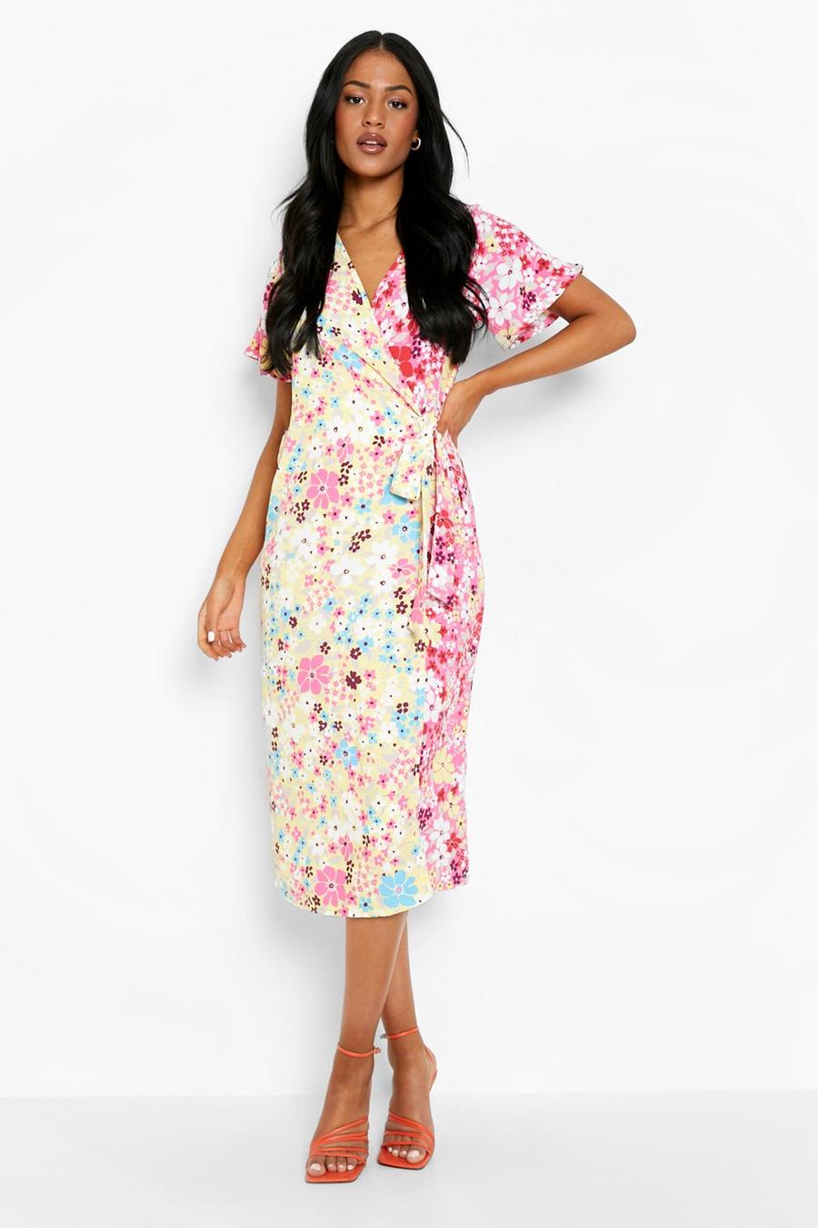 Pink Tall Contrast Wrap Print Floral Midi Dress image number 1