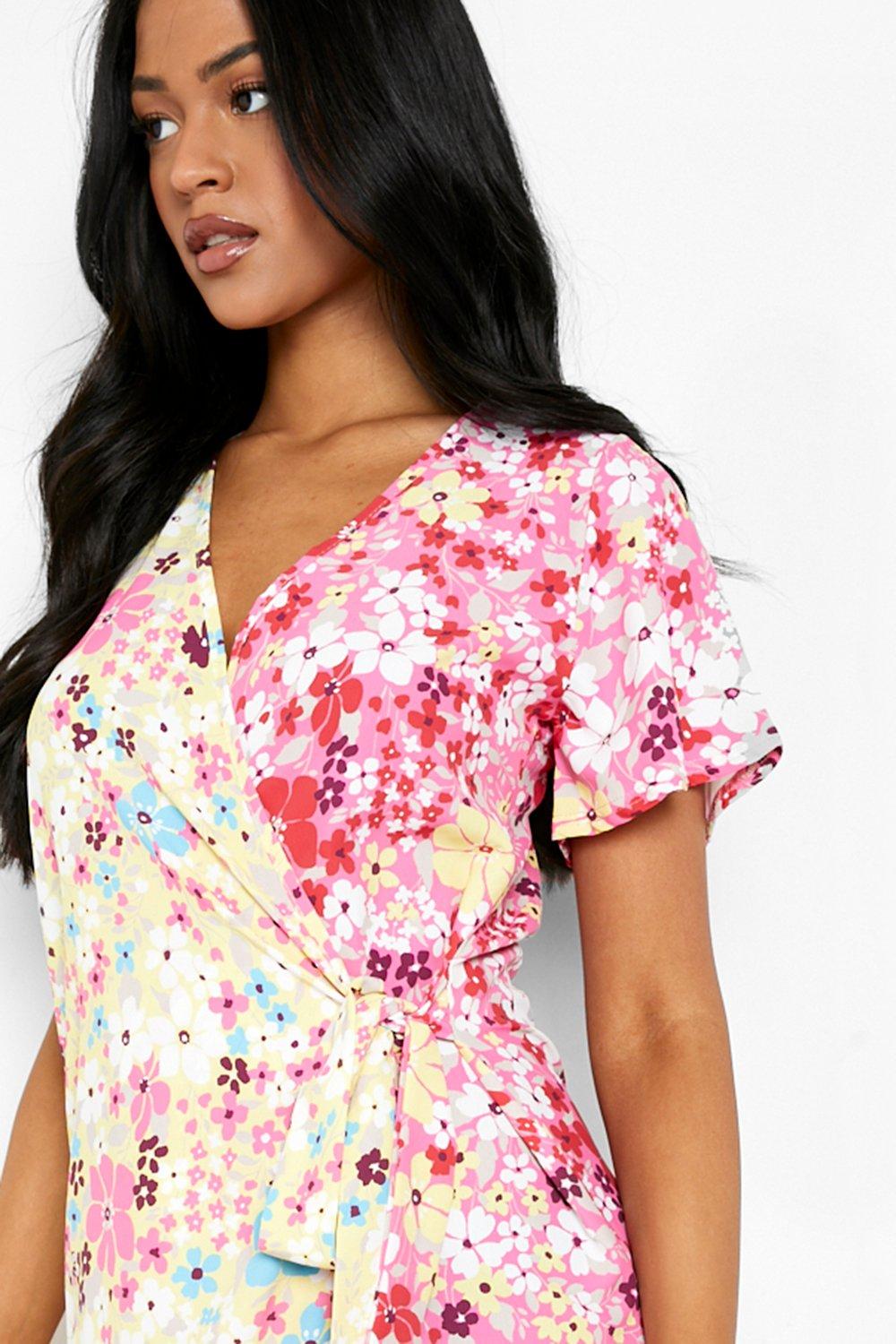 Tall Contrast Wrap Print Floral Midi Dress boohoo NO