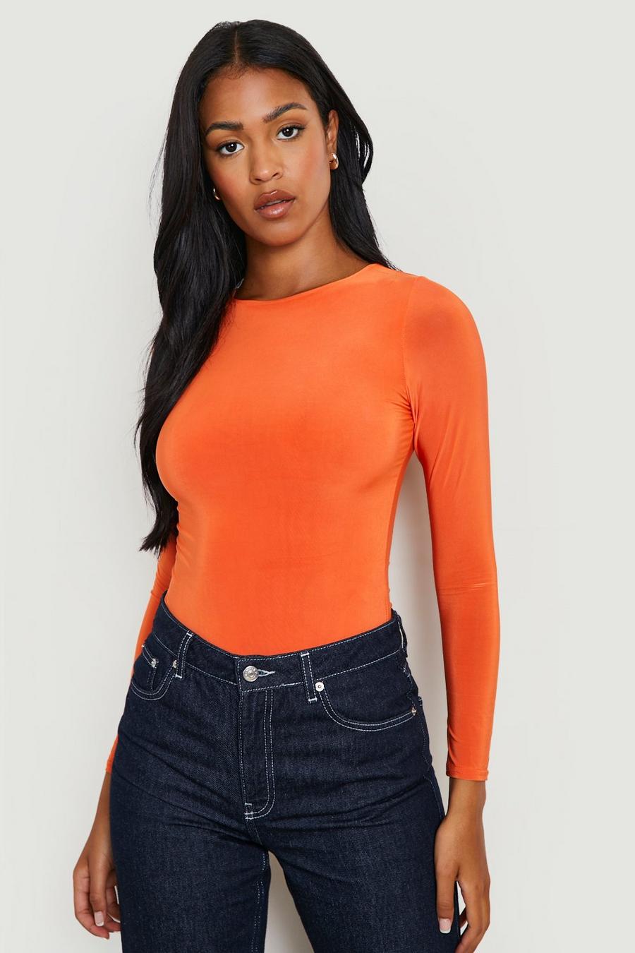 Neon-orange Tall Strakke Neon Bodysuit Met Dubbele Lagen