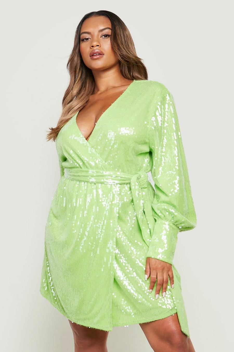 Grande taille - Robe portefeuille à paillettes, Lime green