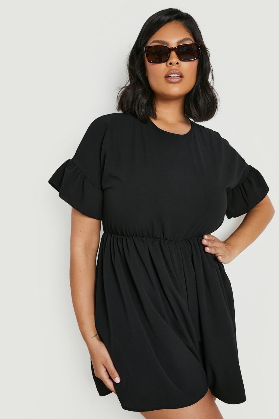 Black Plus Woven Frill Sleeve Smock Playsuit  image number 1