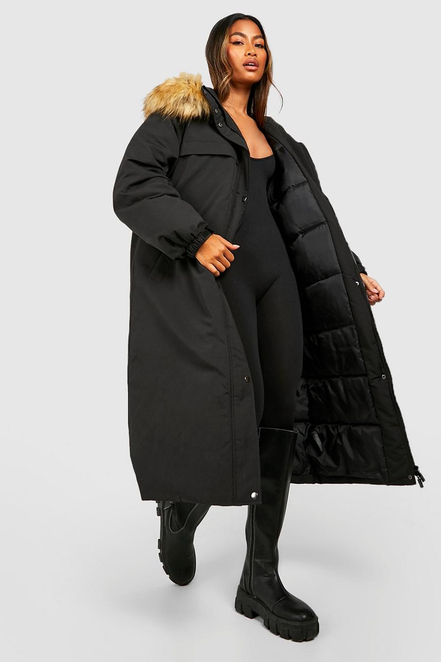 Black Faux Fur Trim Oversized Parka image number 1
