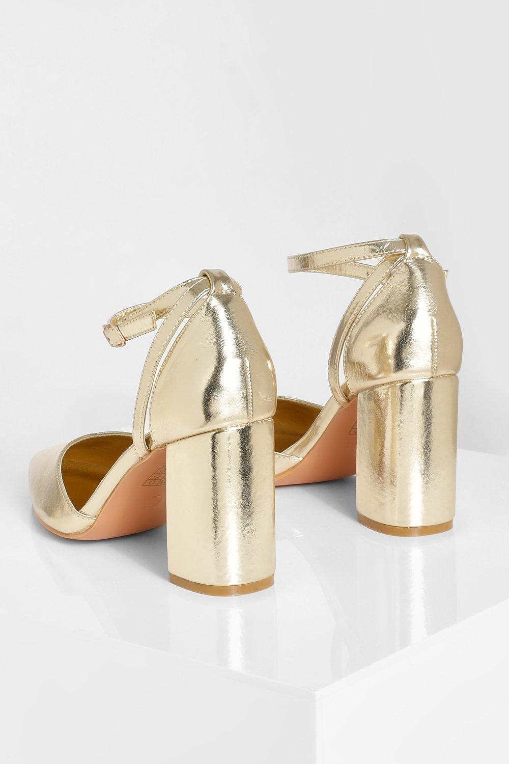 Gold court shoes block heel sale