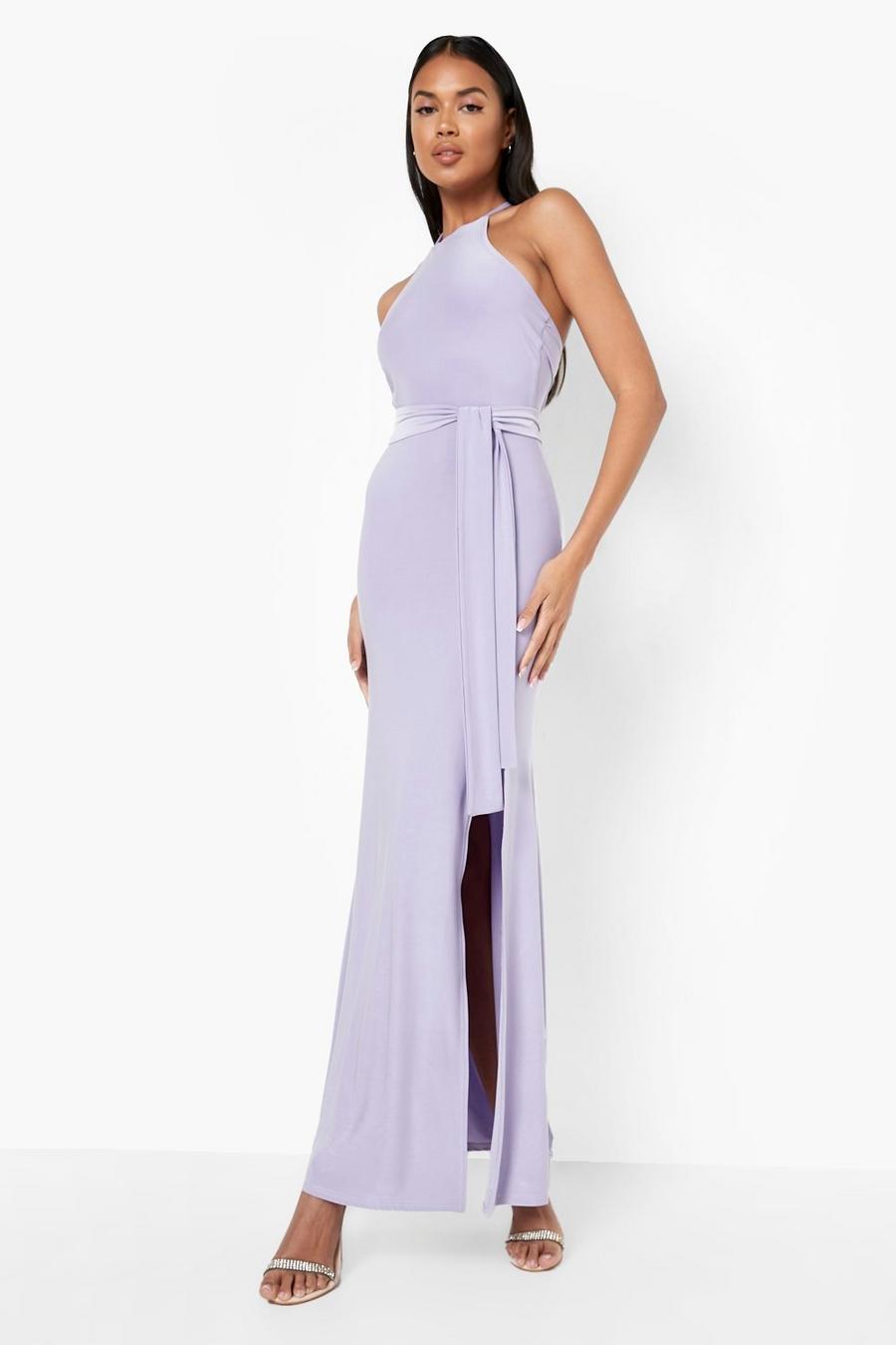 Lilac purple Slinky Halter Neck Tie Waist Maxi Dress