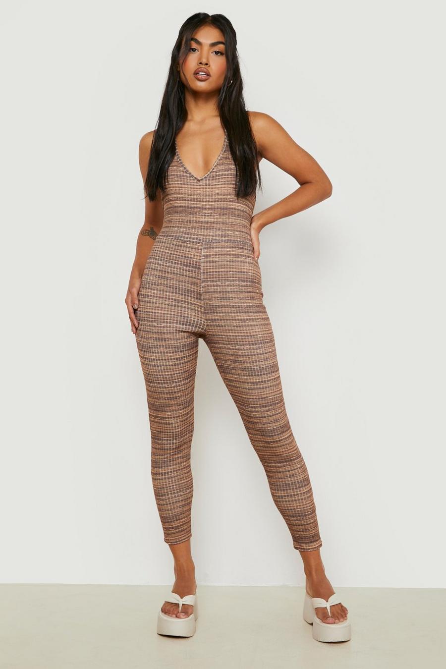 Brown Space Dye Halter Fitted Jumpsuit image number 1
