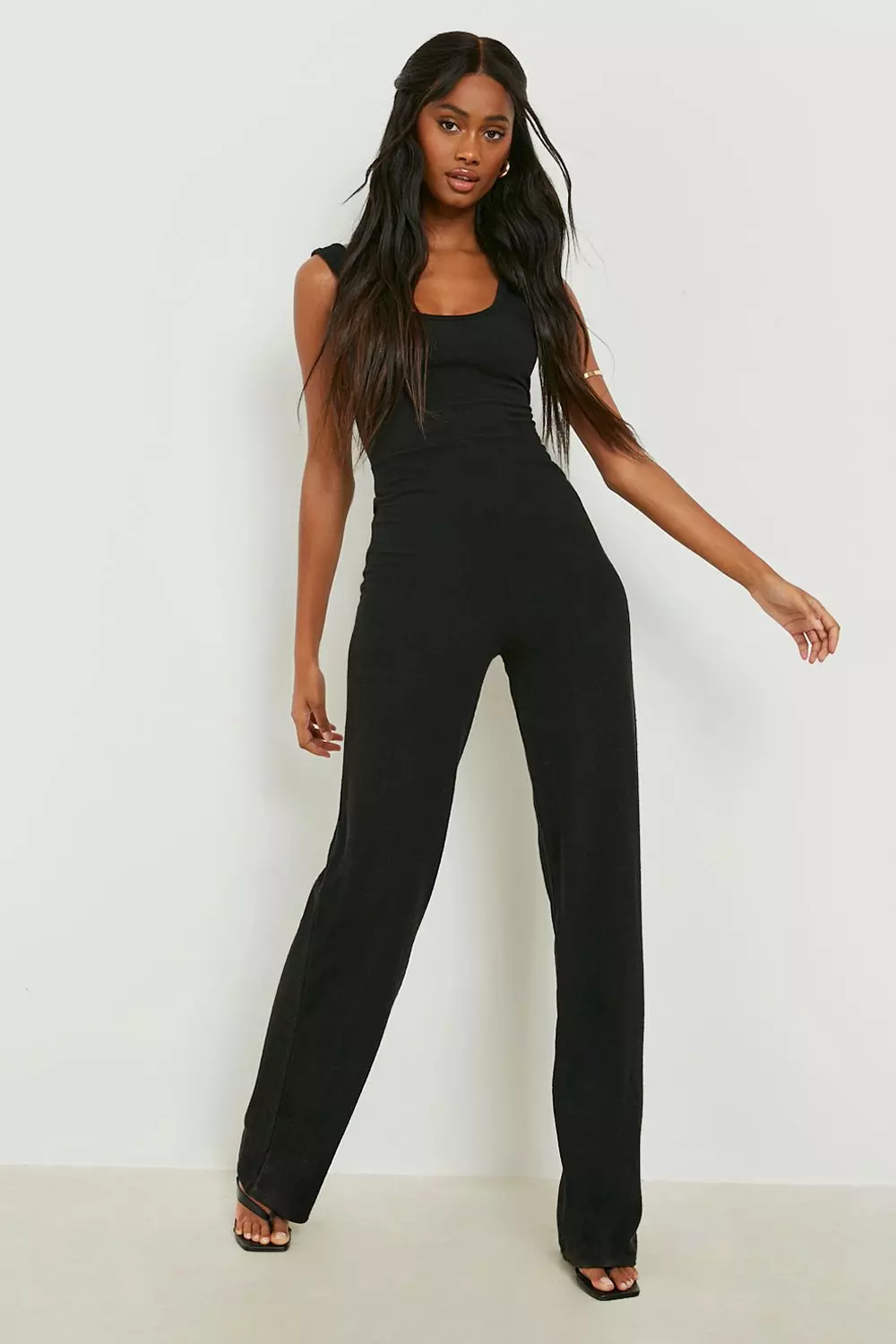 Wide Leg Backless Jumpsuit, Black Strappy Jumpsuit for Occasion