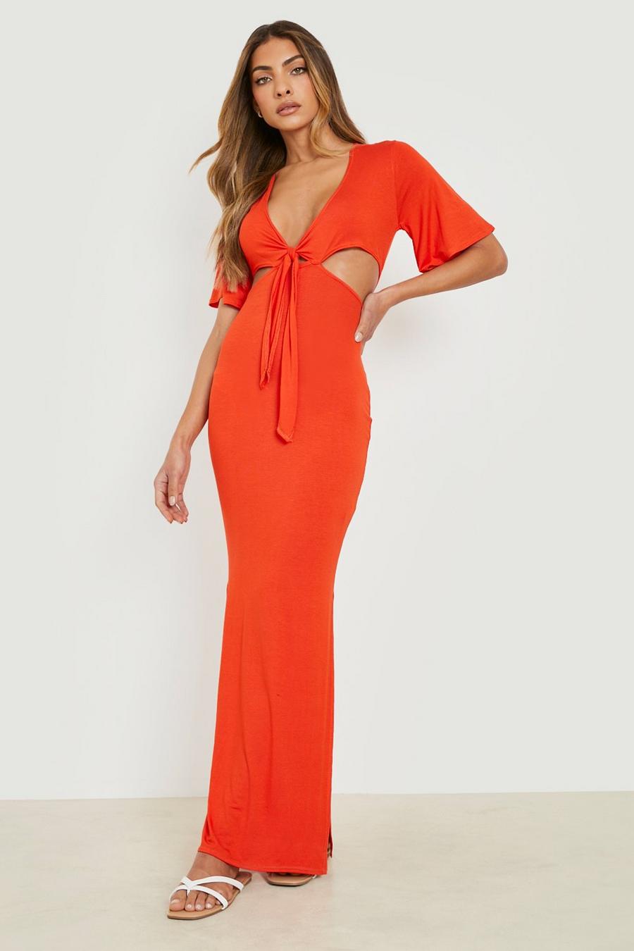 Orange Långklänning med cut-out och knytdetalj image number 1