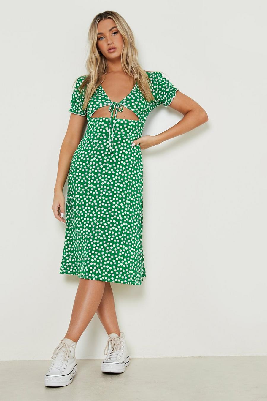 Green Ditsy Puff Sleeve Cut Out Midi Dress image number 1