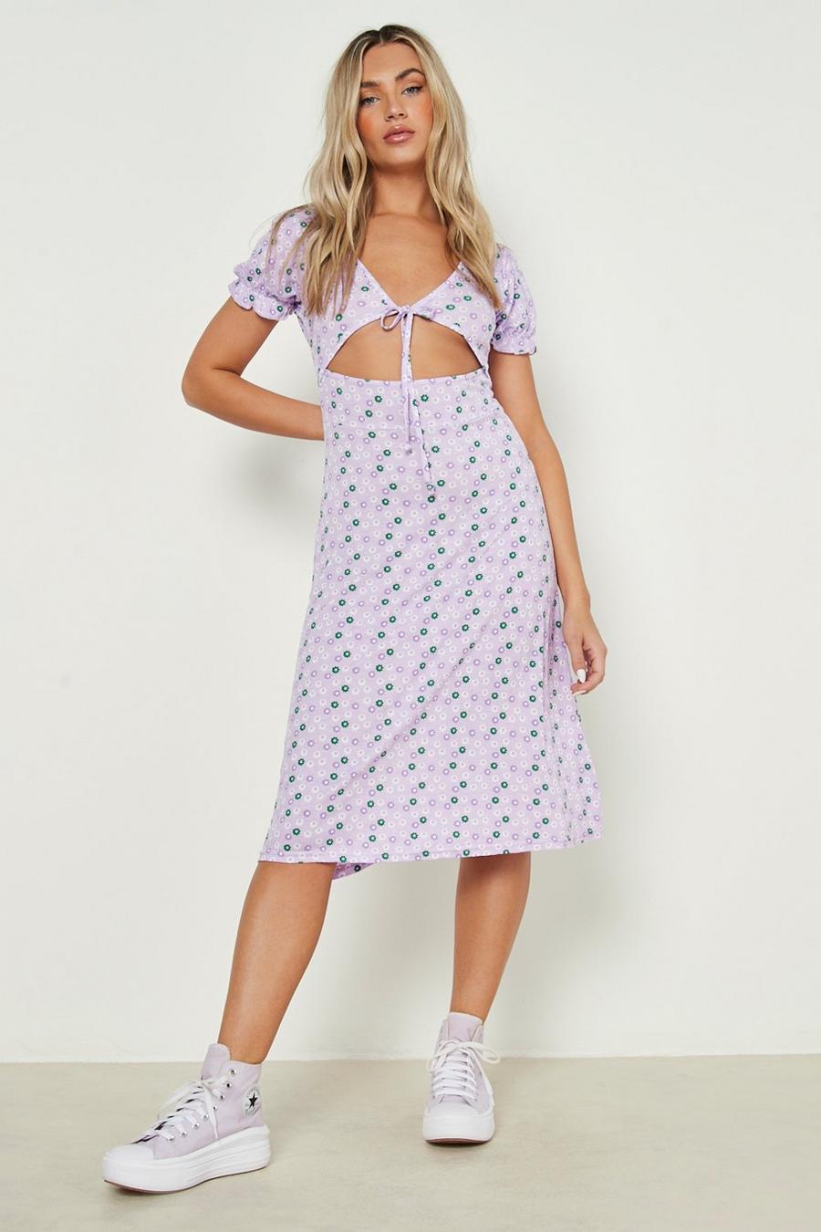 Lilac Ditsy Puff Sleeve Cut Out Midi Dress image number 1