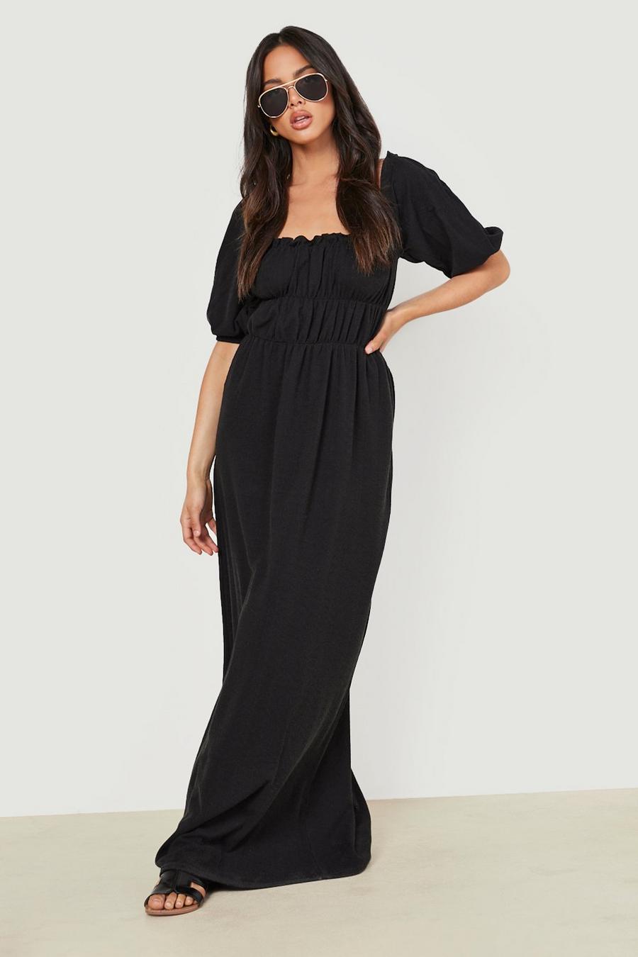 Black Puff Sleeve Ruched Maxi Dress image number 1