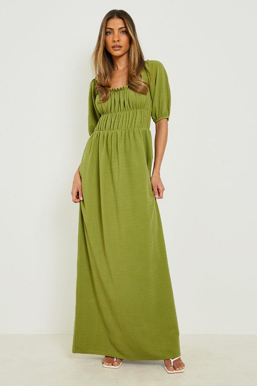 Green Puff Sleeve Ruched Maxi Dress image number 1