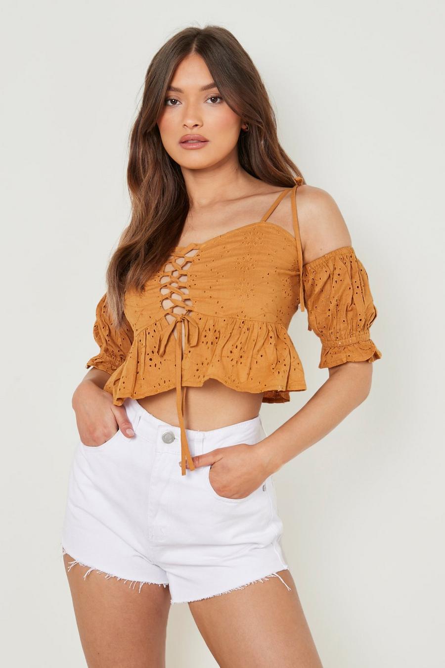Tan brown Broderie Cold Shoulder Frill Top