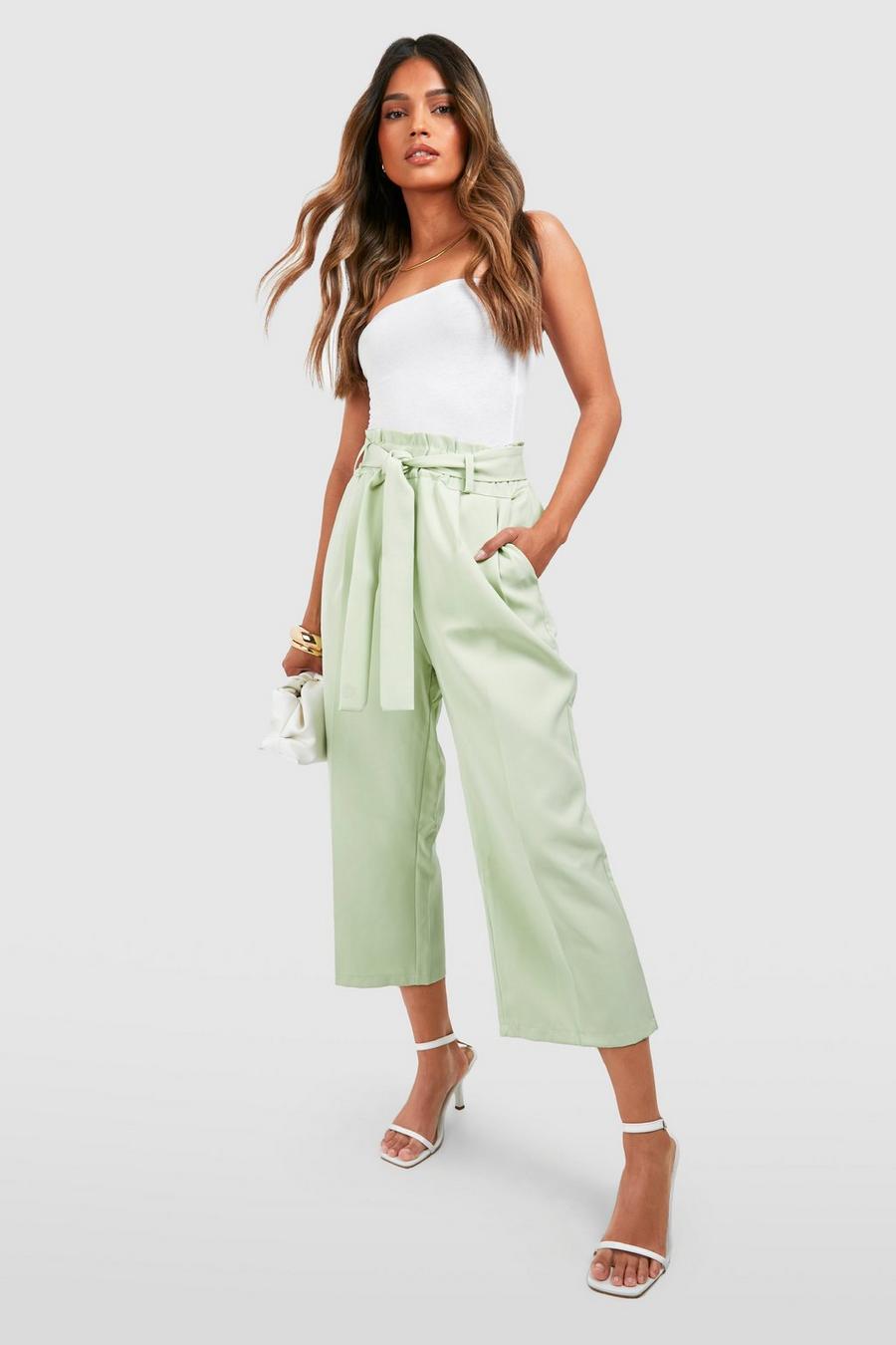 Sage green Belted High Waisted Cropped Pants
