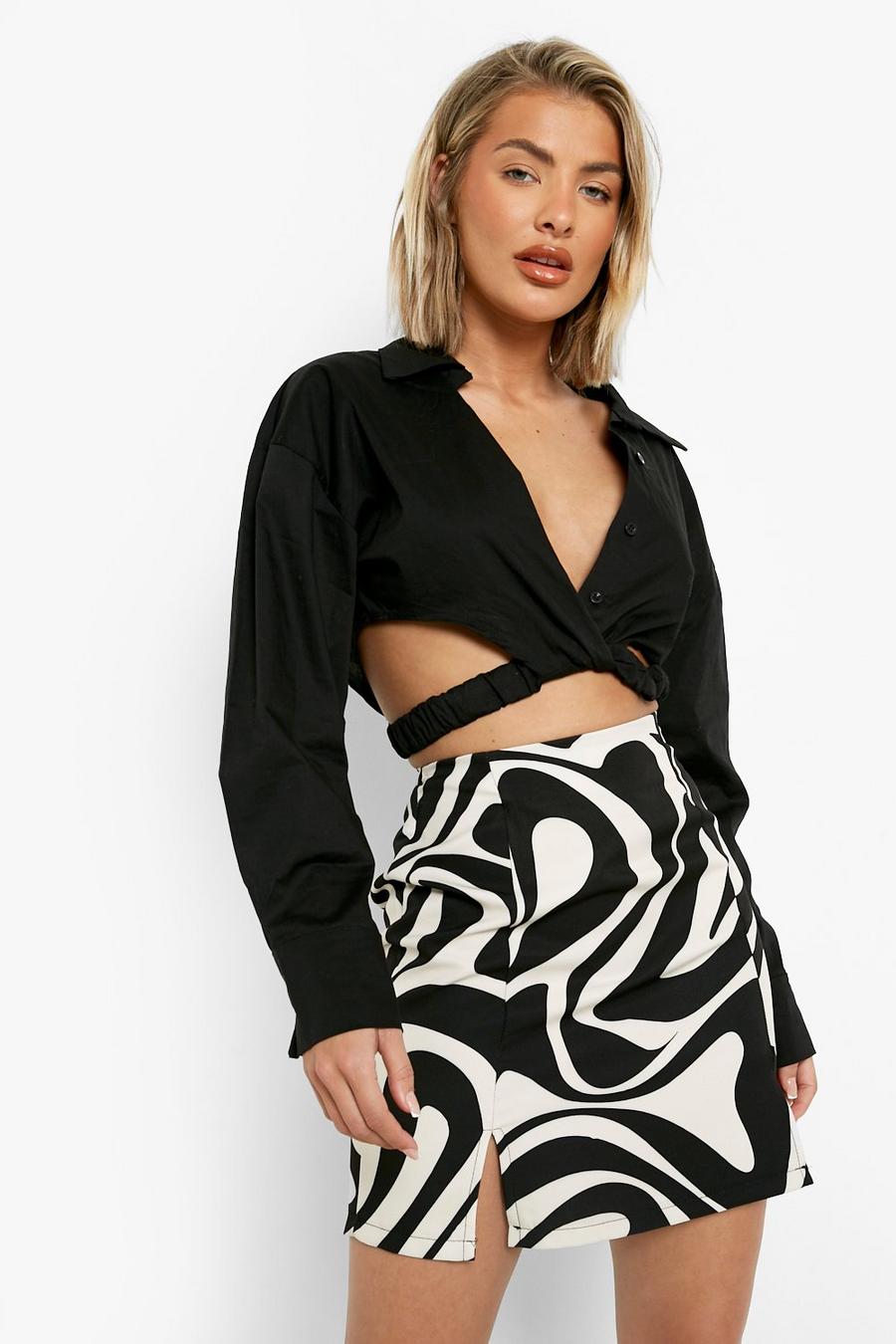 Black Swirl Marble Print Soft Woven Mini Skirt