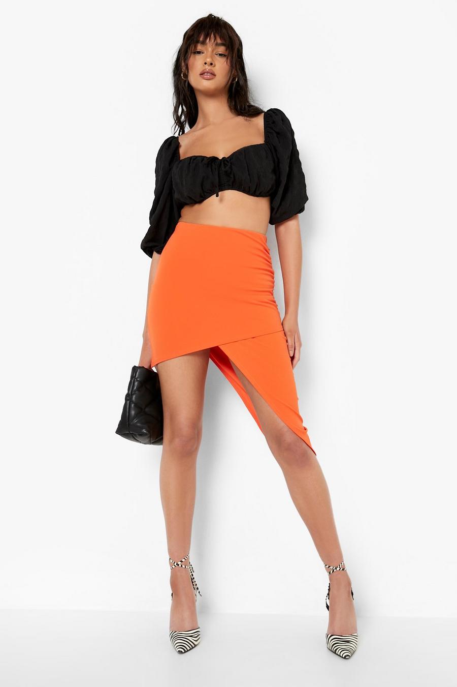 Orange Asymmetric Wrap Crepe Midi Skirt image number 1