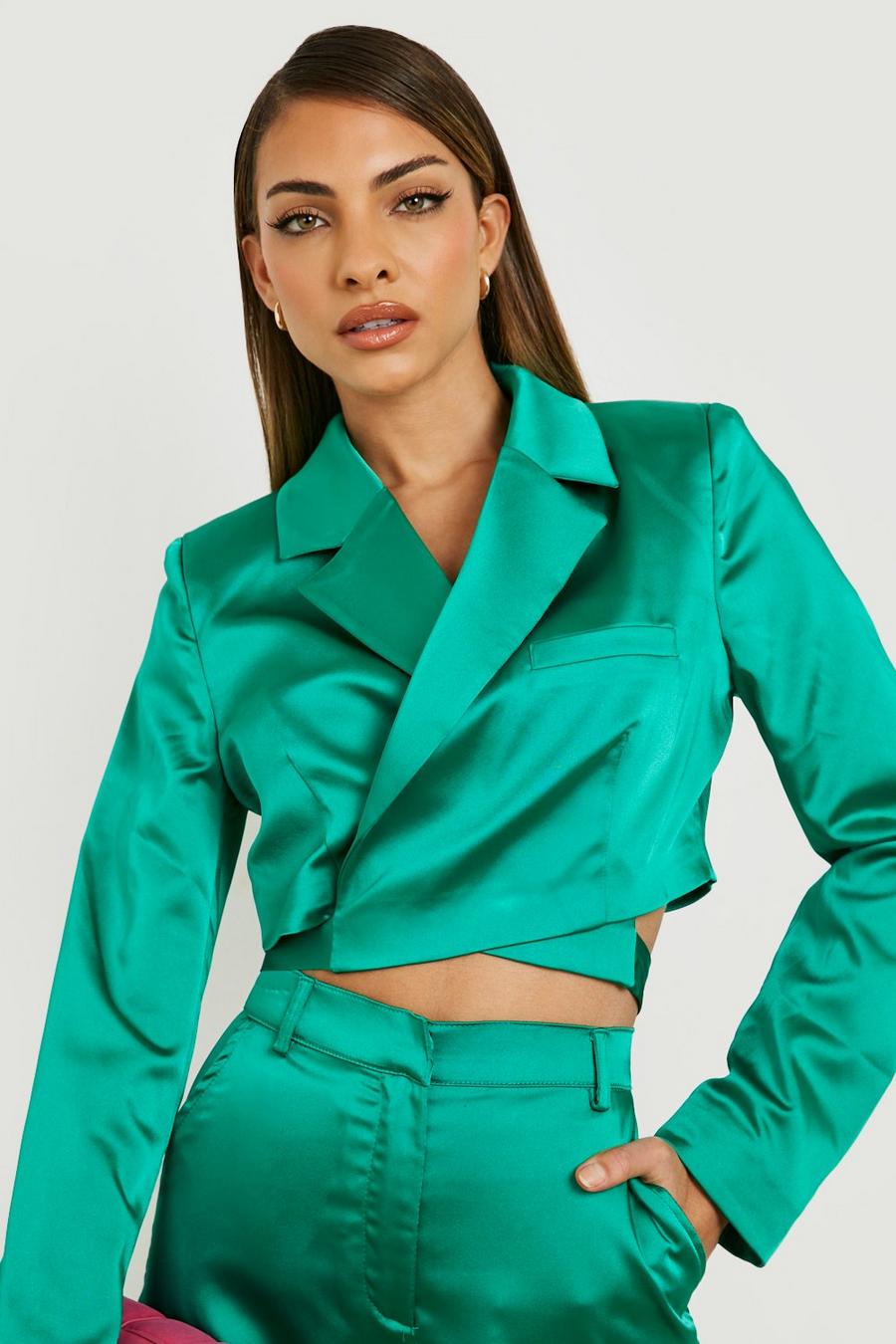 Emerald Premium Satin Wrapped Crop Blazer image number 1