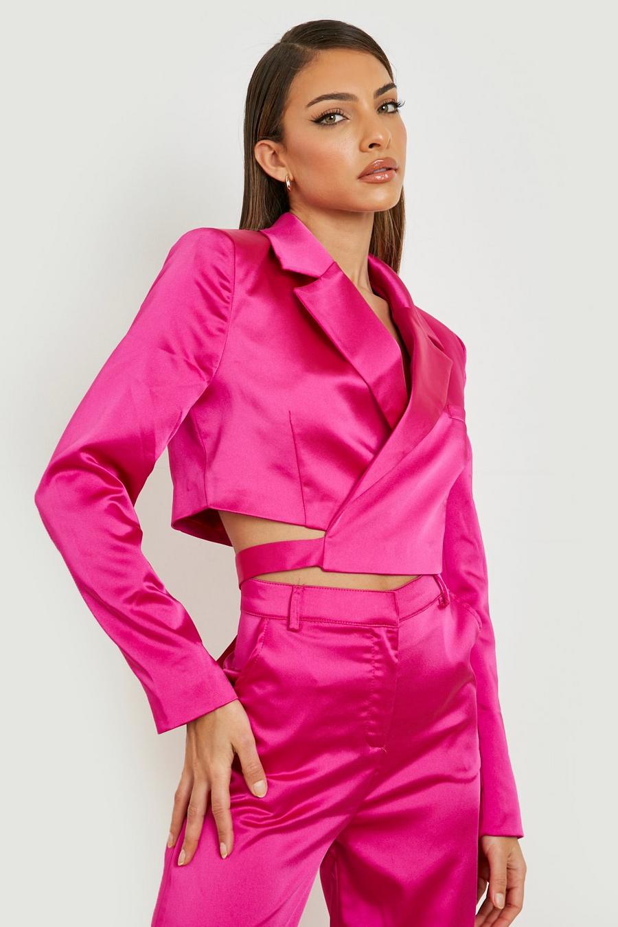 Hot pink Premium Satin Wrapped Crop Blazer