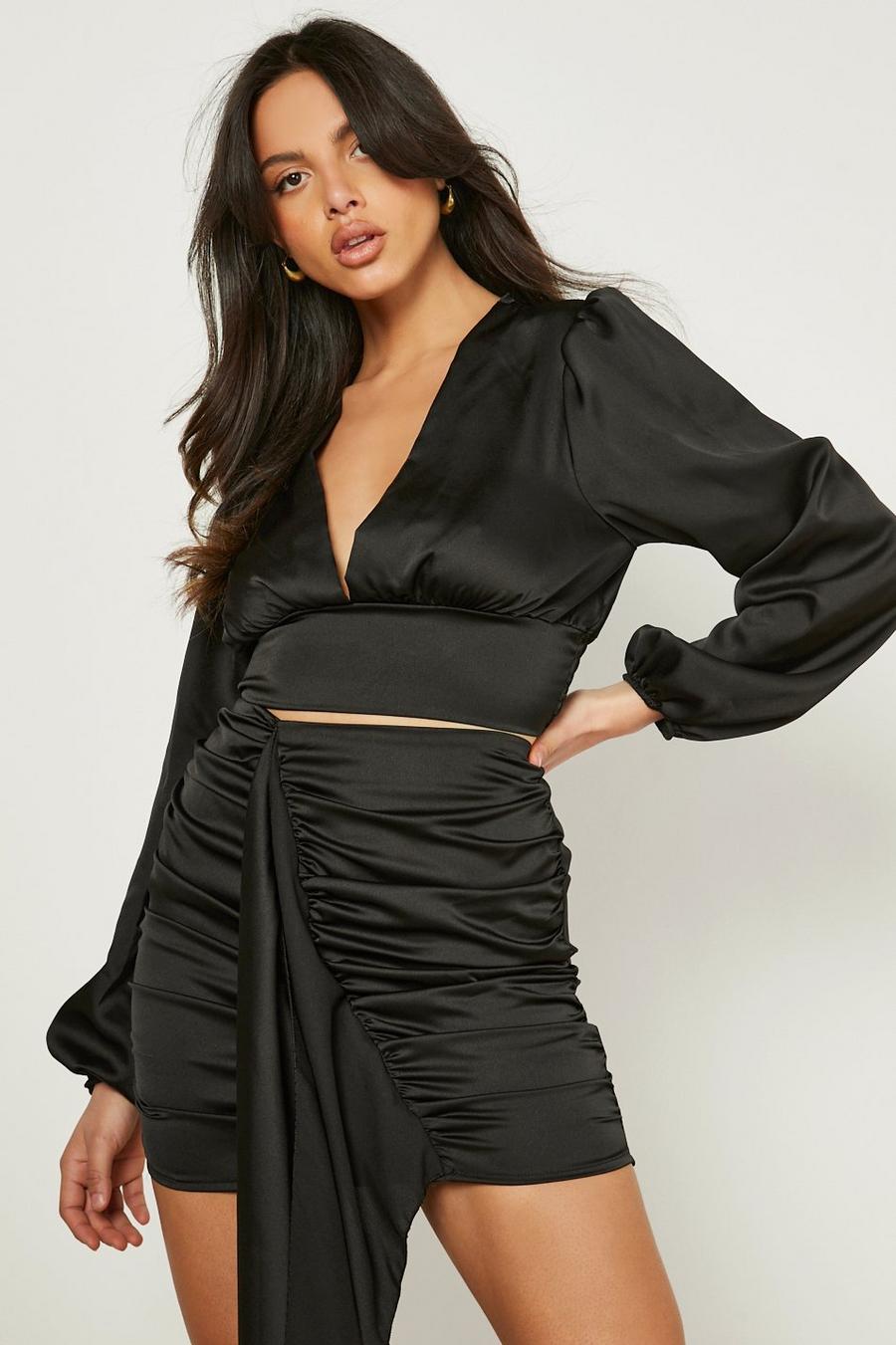 Black Satin Ruched Puff Sleeve Top & Mini Skirt image number 1