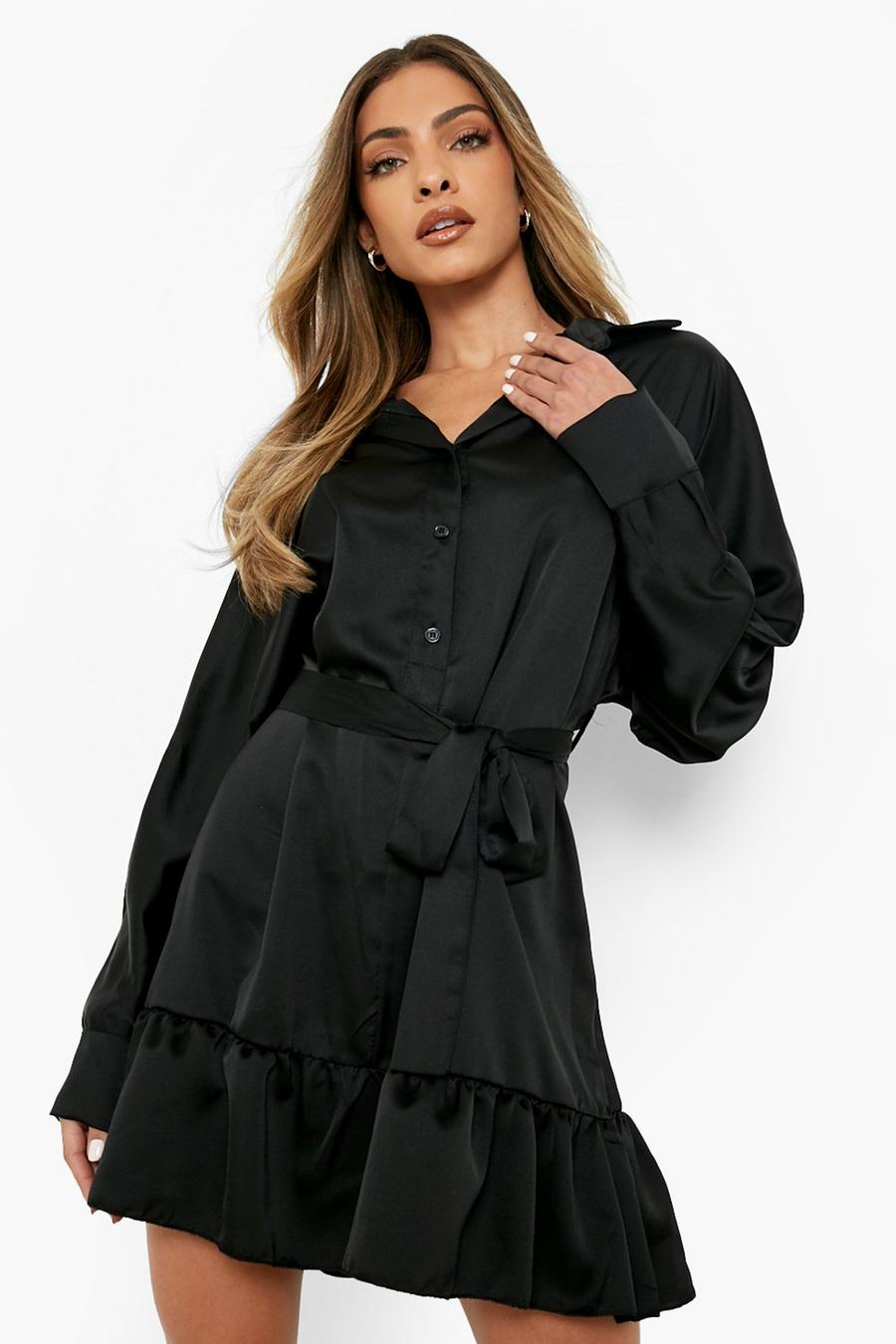 Hemdkleid aus Satin mit Rüschensaum und Gürtel, Black noir image number 1