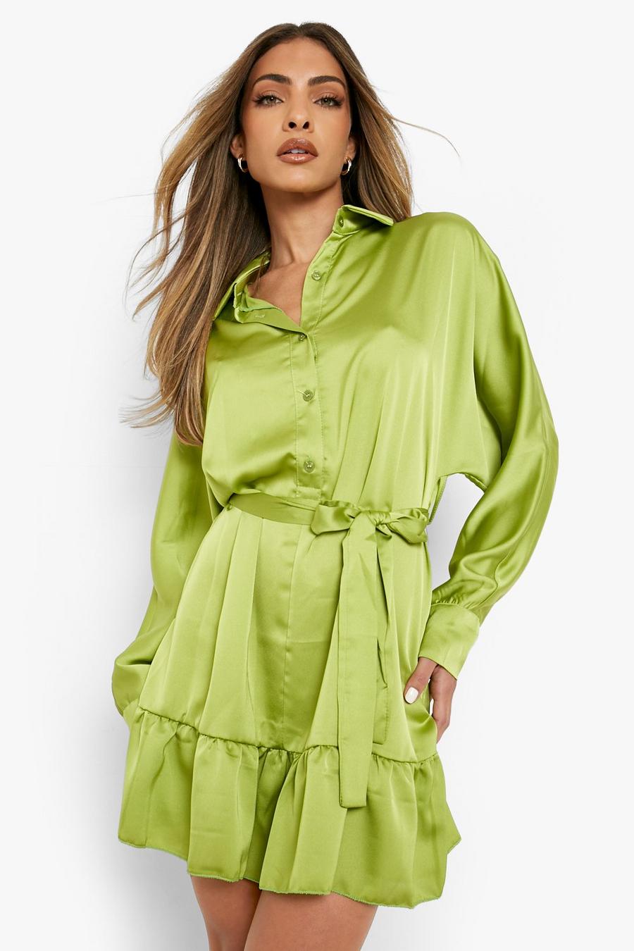 Olive Skjortklänning i satin med volanger image number 1
