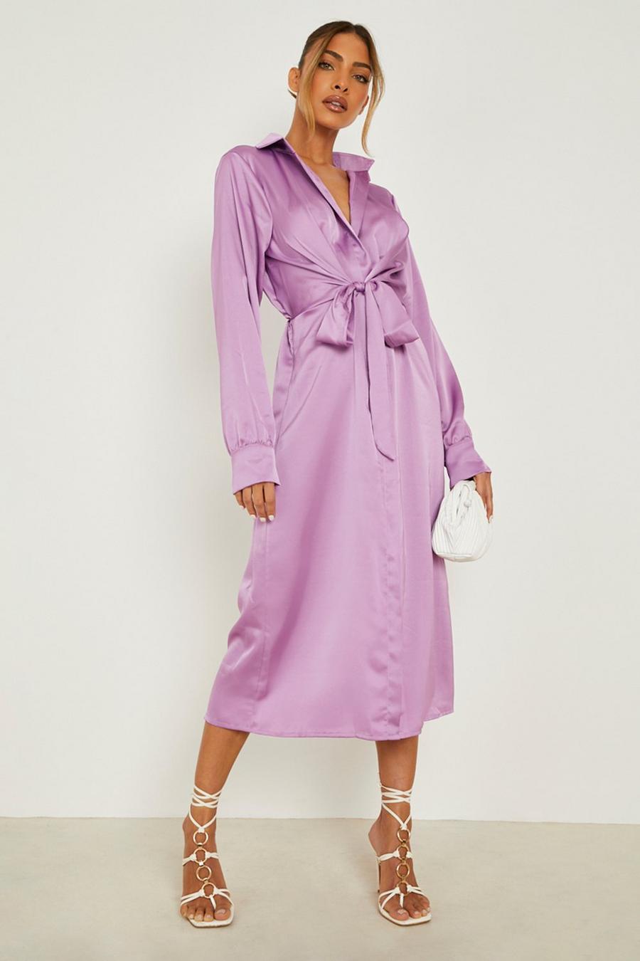 Lilac violet Satin Tie Front Midi Shirt Dress