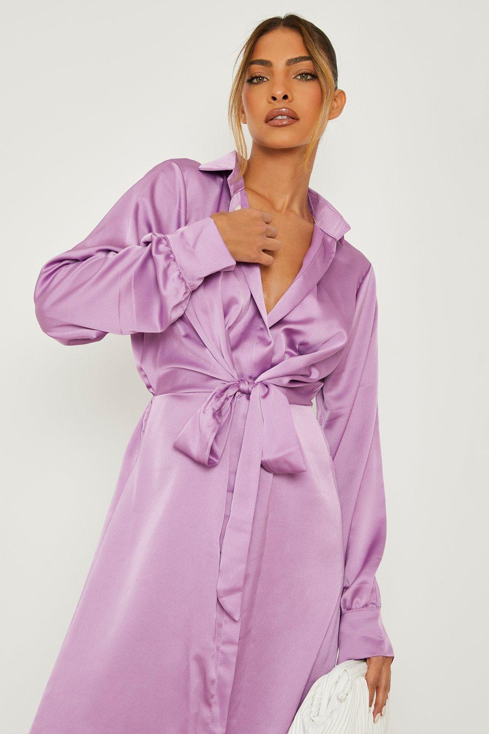 Satin Tie Front Midi Shirt Dress