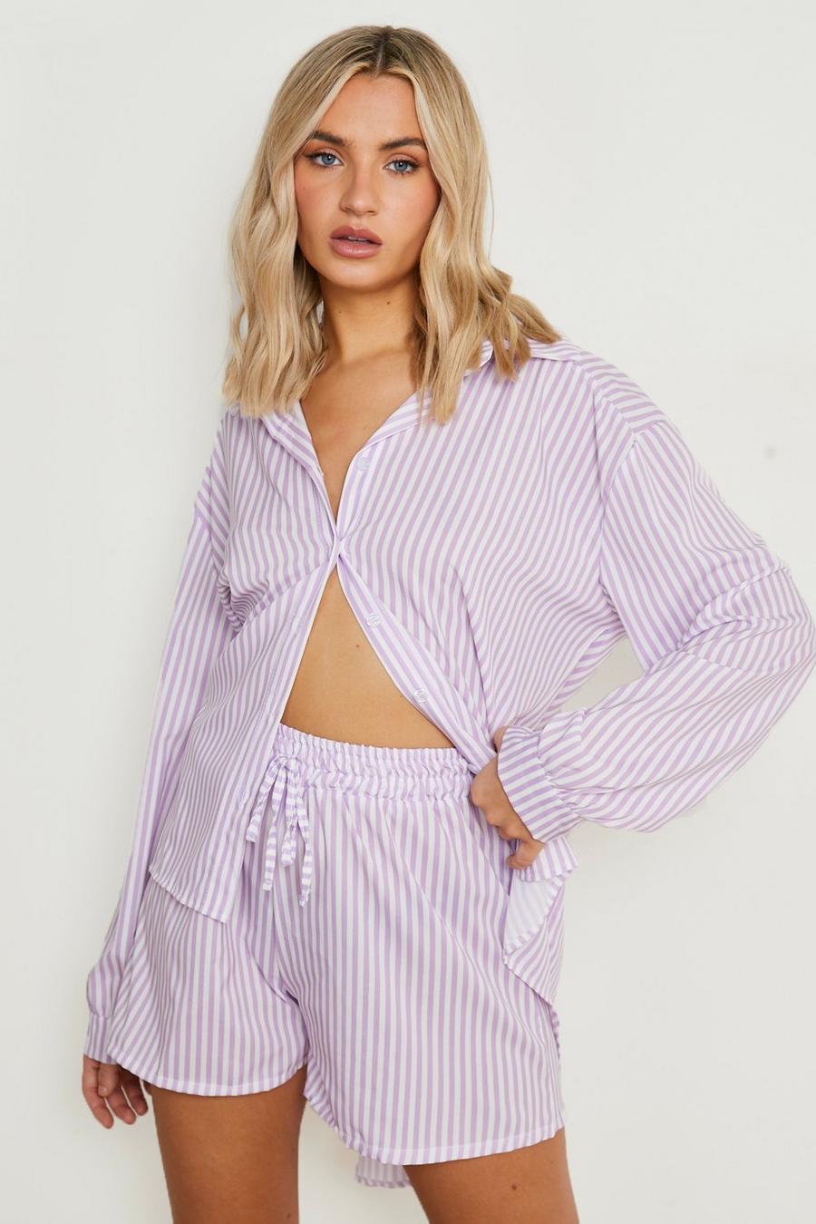 Lilac purple Cotton Poplin Striped Shirt & Shorts Set