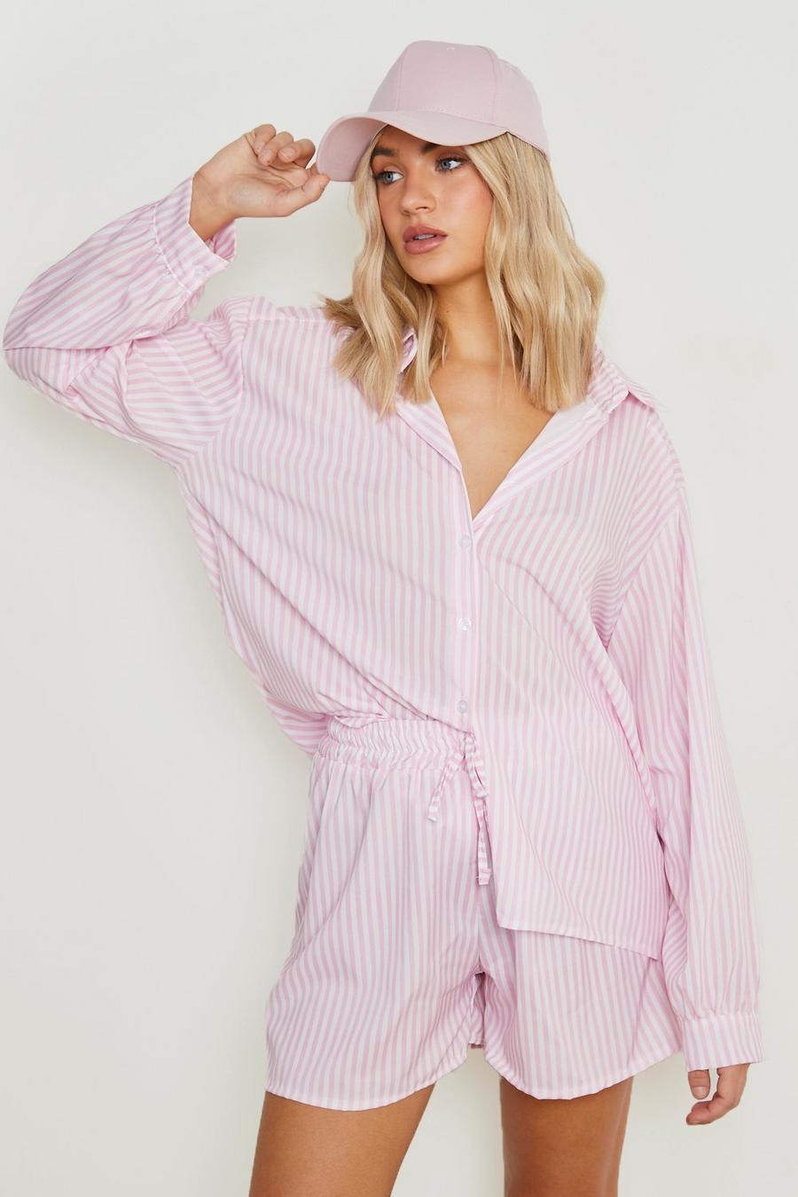 Pink Cotton Poplin Striped Shirt & Shorts Set image number 1