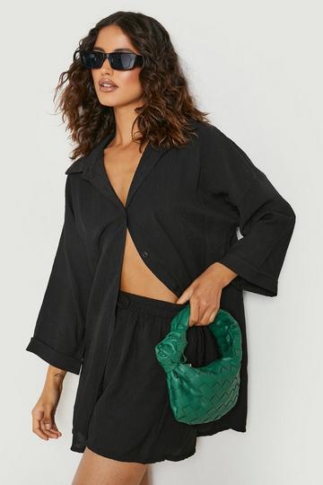 Textured Crinkle Oversized Shirt & Shorts Set black