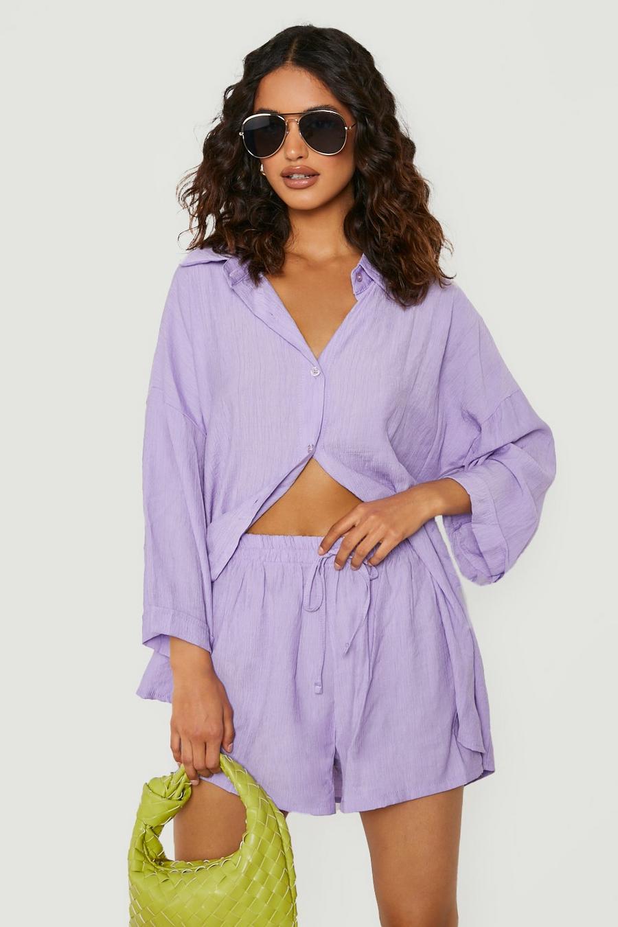 Lilac purple Textured Crinkle Oversized Shirt & Shorts Set