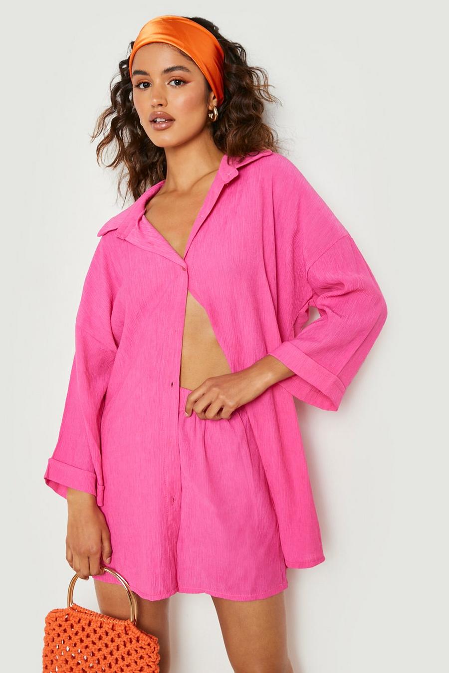 Conjunto de pantalón corto y camisa oversize fruncida texturizada, Hot pink image number 1