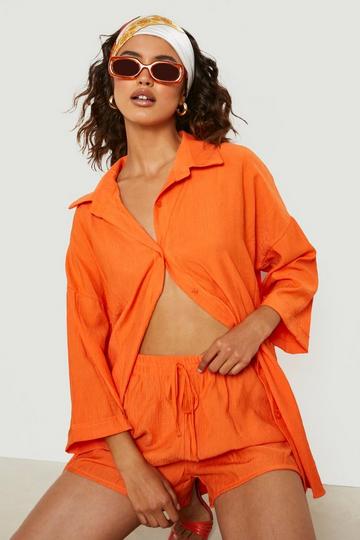Textured Crinkle Oversized Shirt & Shorts Set orange