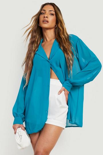 Sheer Oversized Longline Shirt azure