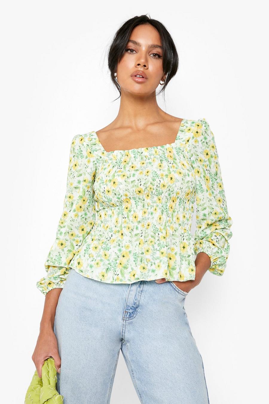 Yellow Puff Sleeve Floral Blouse image number 1