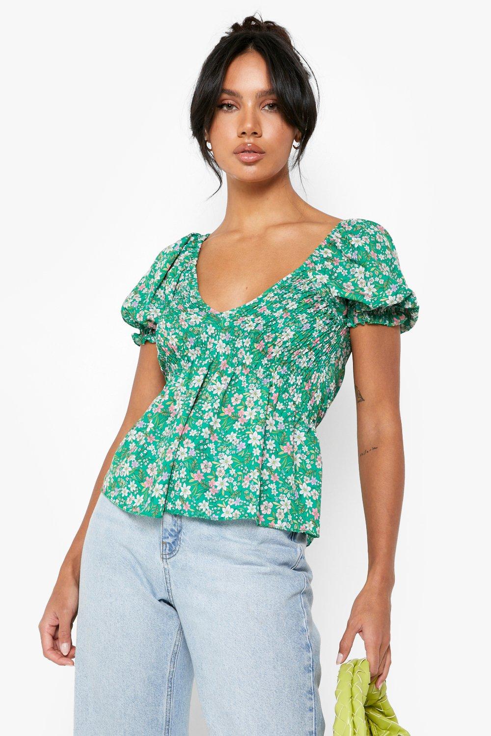 Sheered Floral Puff Sleeve Blouse boohoo