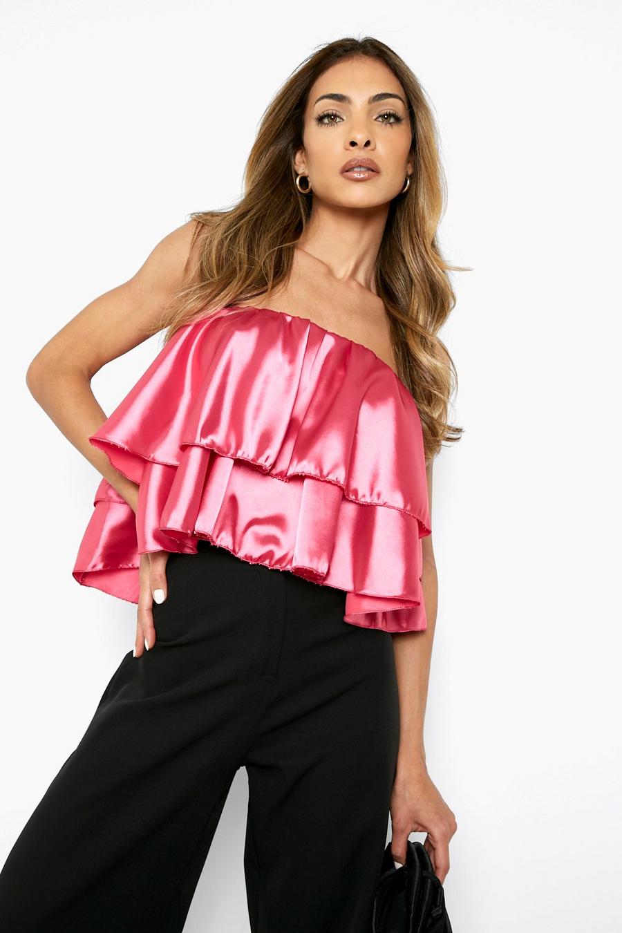 Bright pink Off The Shoulder Satin Ruffle Top image number 1