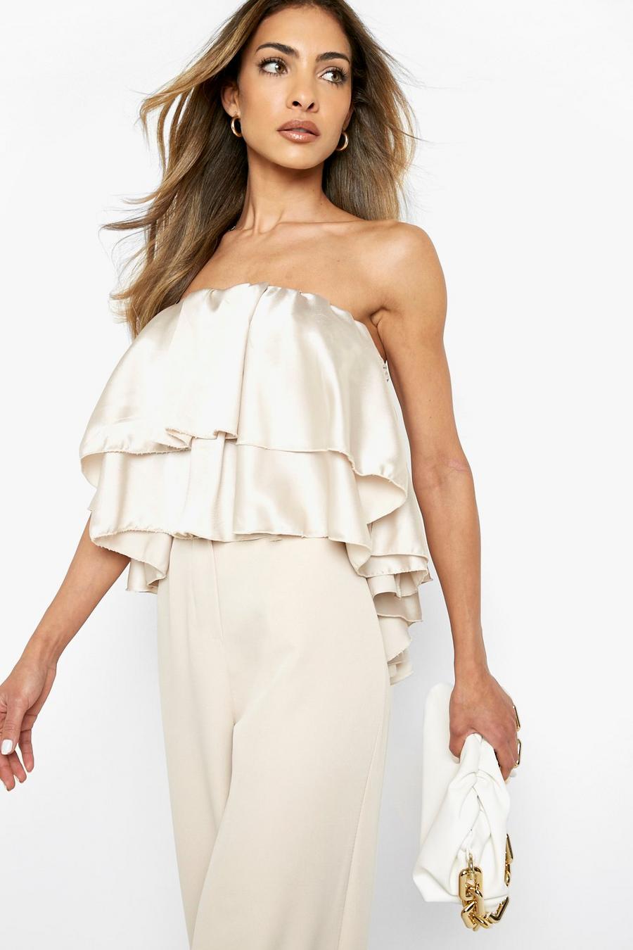 Champagne beige Off The Shoulder Satin Ruffle Top 