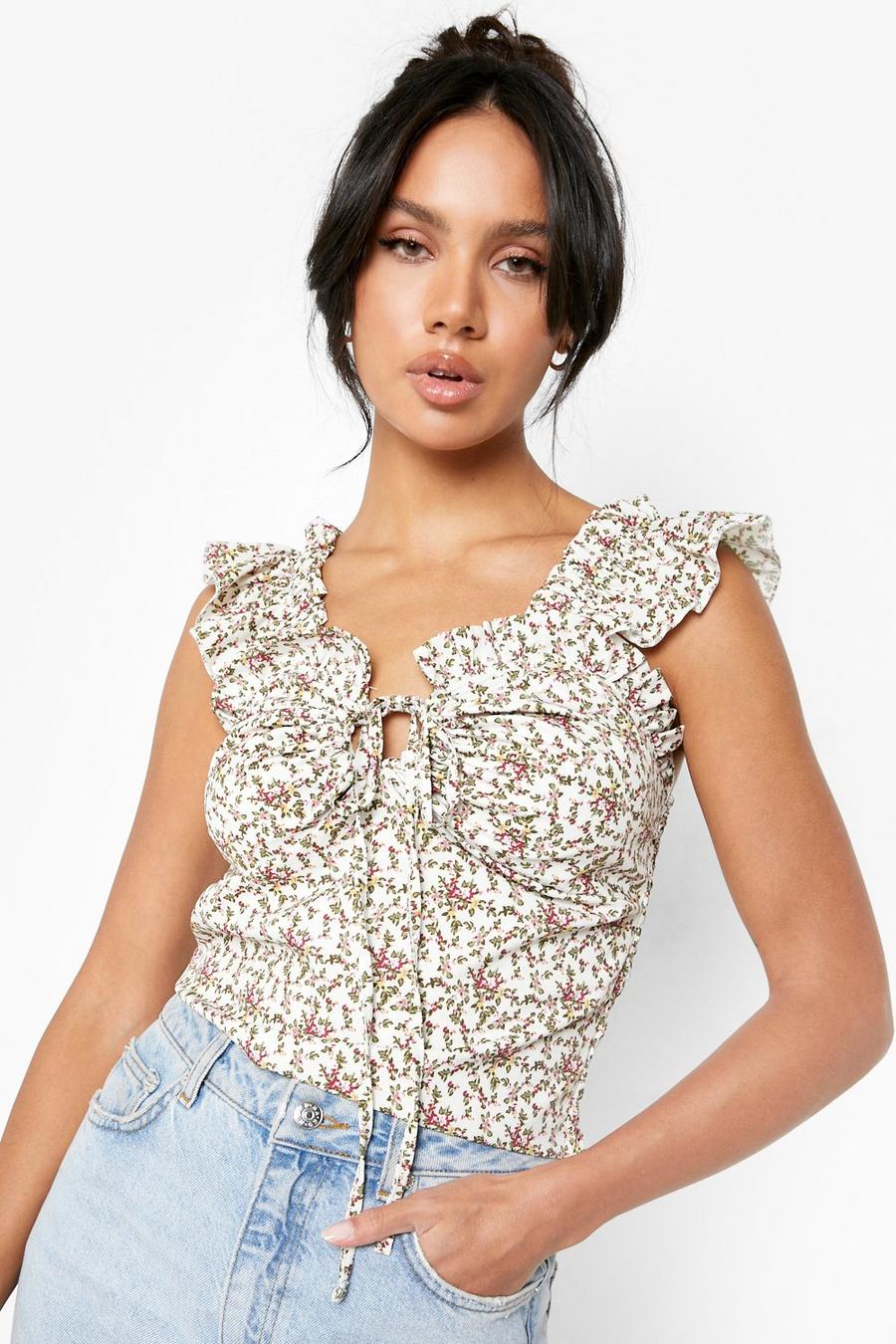 Ivory white Floral Tie Detail Top 