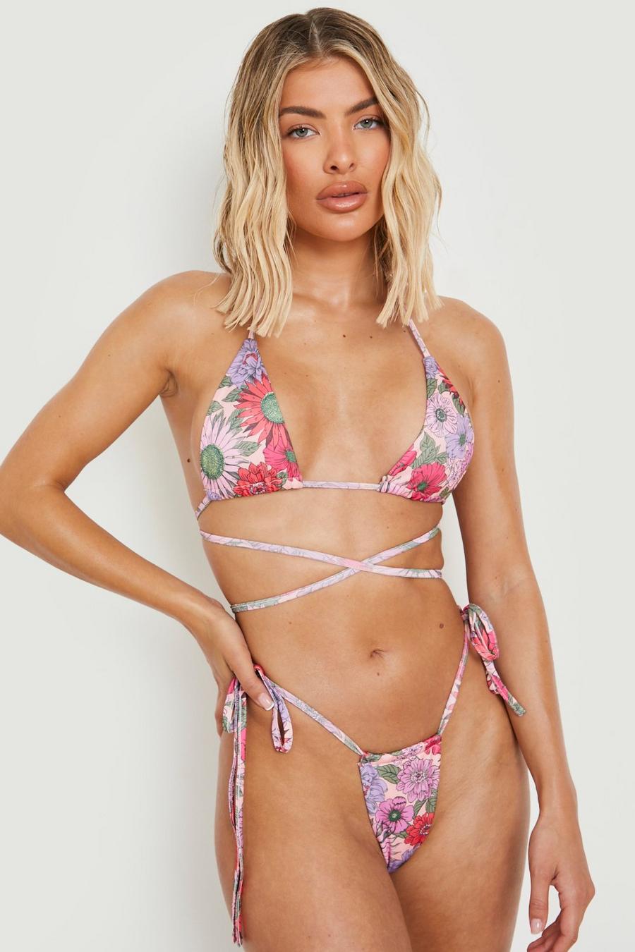 Slip bikini con stampa a fiori e laccetti laterali, Dusty pink image number 1