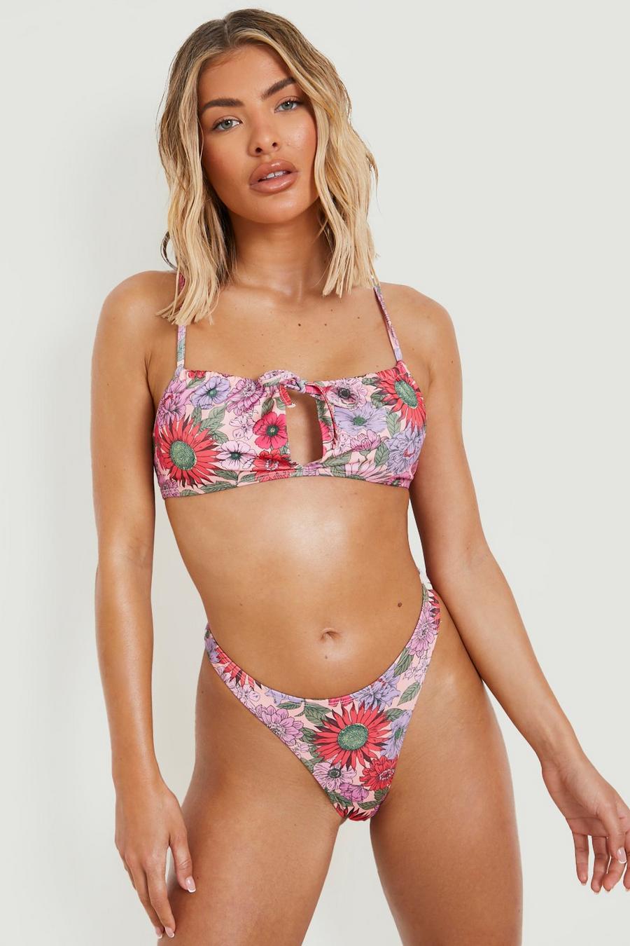 Dusty pink Floral Print Ruched Tie Bikini Top