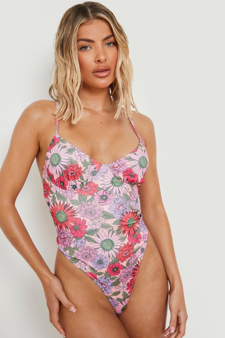 Dusty pink Floral Print Bustier Strappy Swimsuit image number 1