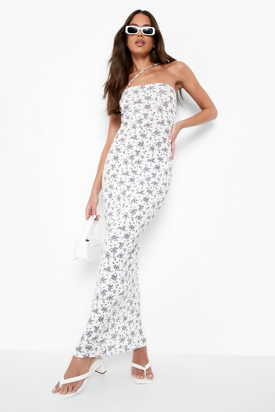 Lilac Asymmetric Neck Maxi Dress Floral Print image number 1