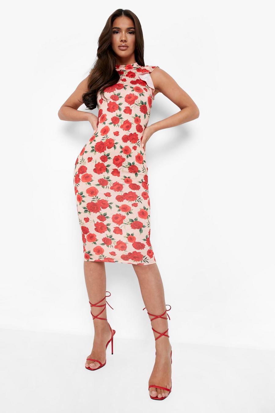 Pink Frill Shoulder Midi Dress Floral Print