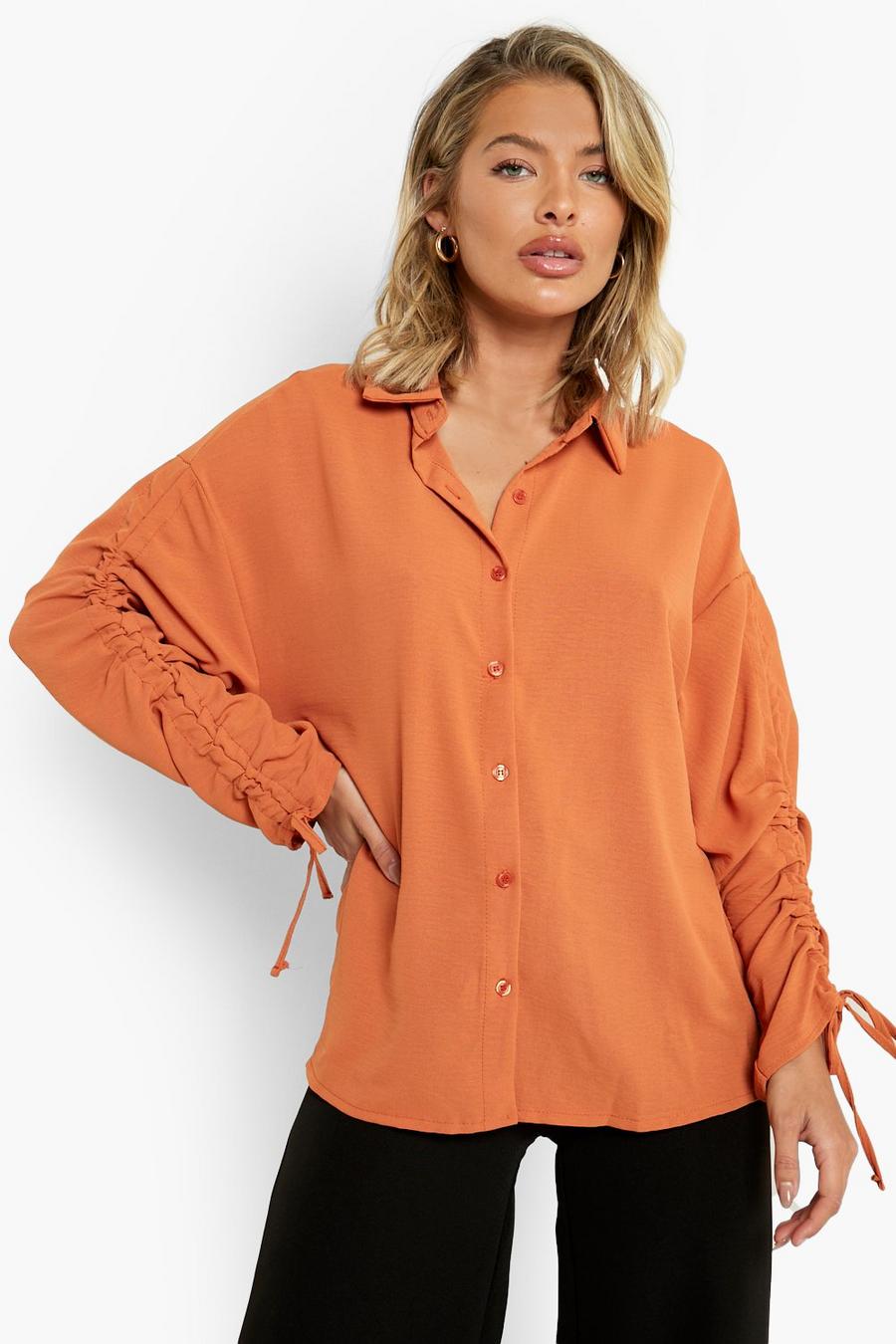 Orange Hammered Satin Ruched Sleeve Shirt image number 1