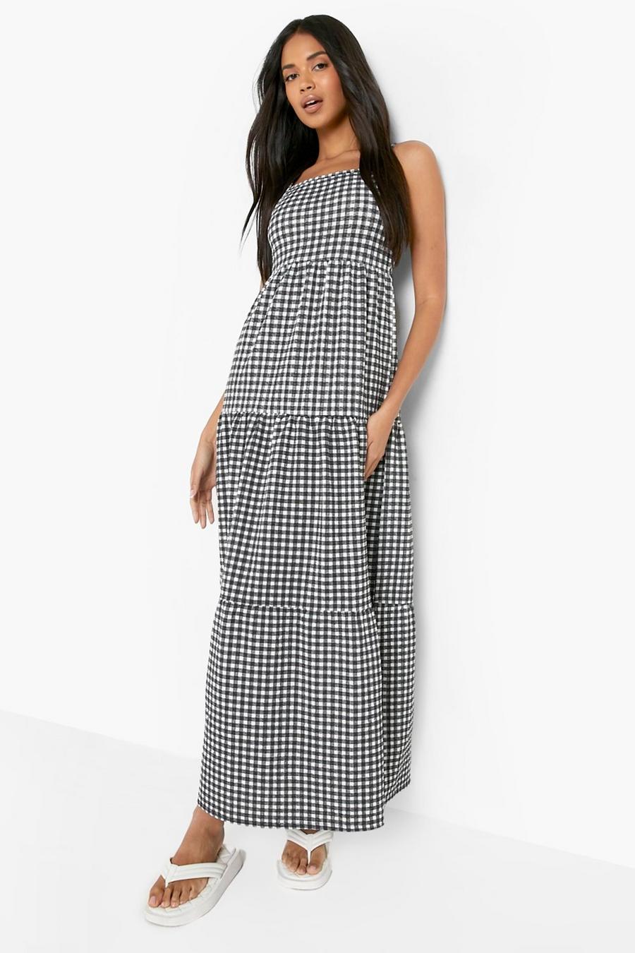 Black Crinkle Gingham Tiered Maxi Dress