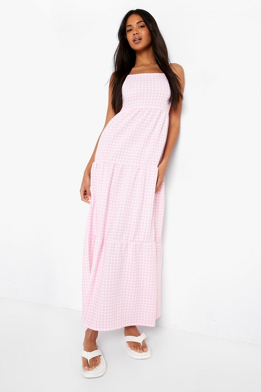Pink Crinkle Gingham Tiered Maxi Dress image number 1