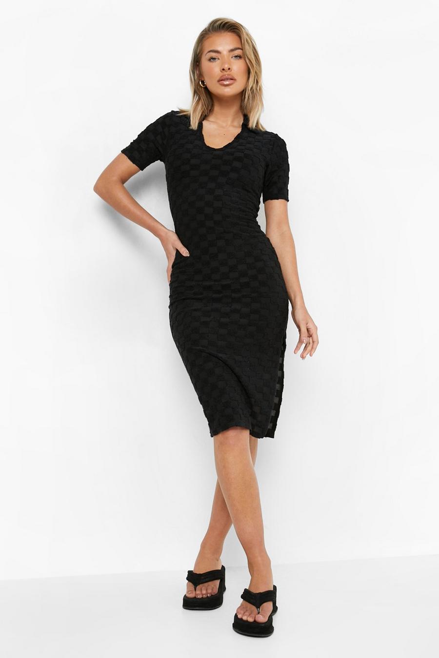 Black Towelling Checkerboard Collared Bodycon Dress image number 1