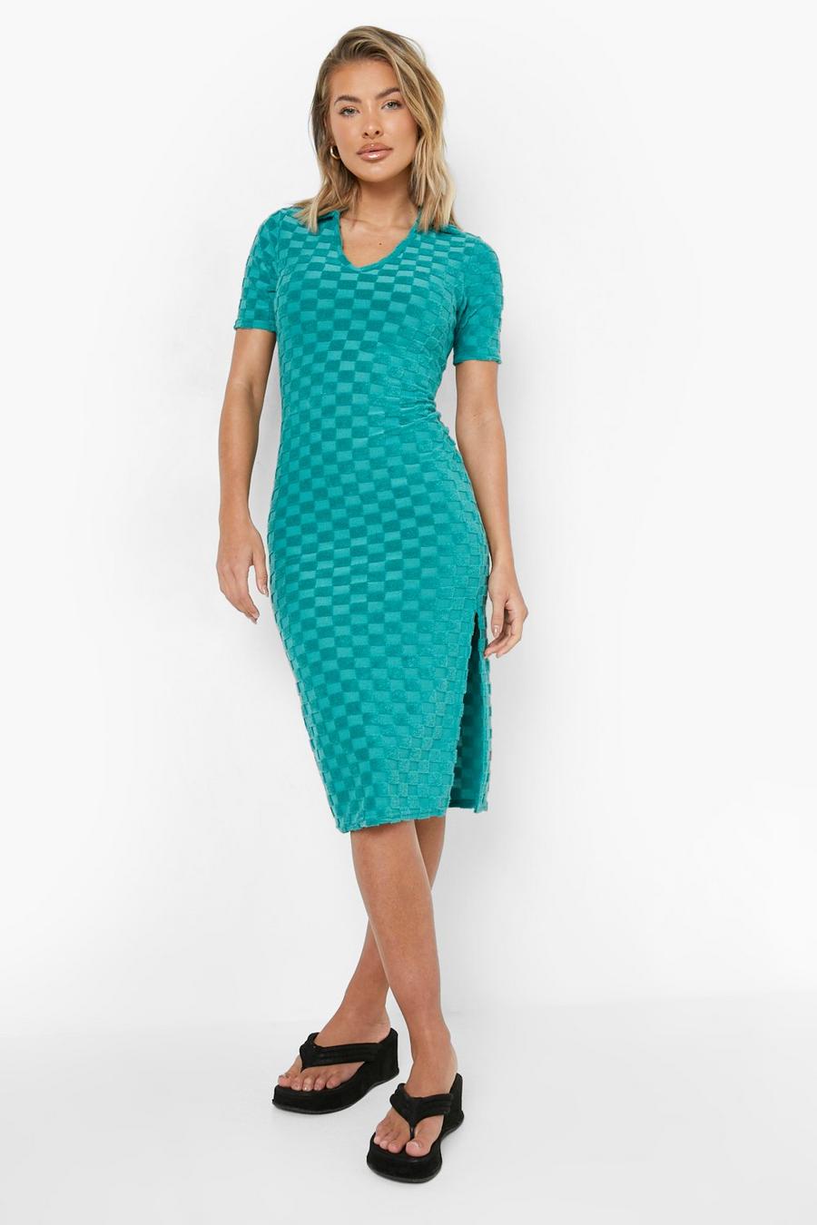 Blue Toweling Checkerboard Collared Bodycon Dress image number 1