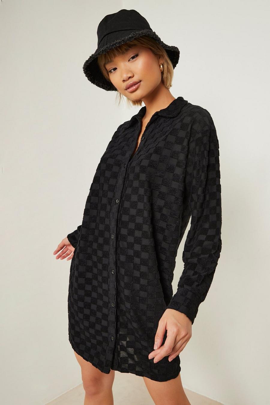Women's Towelling Checkerboard Oversized Shirt Dress | Boohoo UK